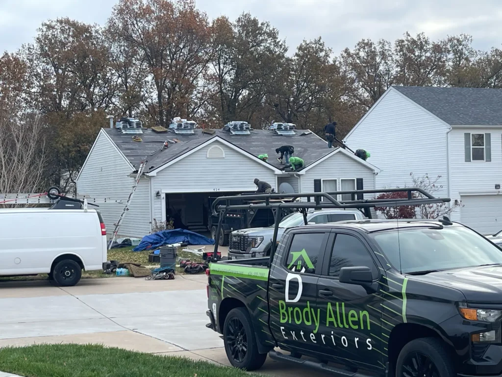 View from across the street at a roof replacement jobsite.