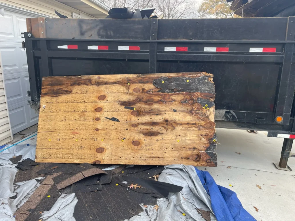 Rotten roof decking that was removed and replaced